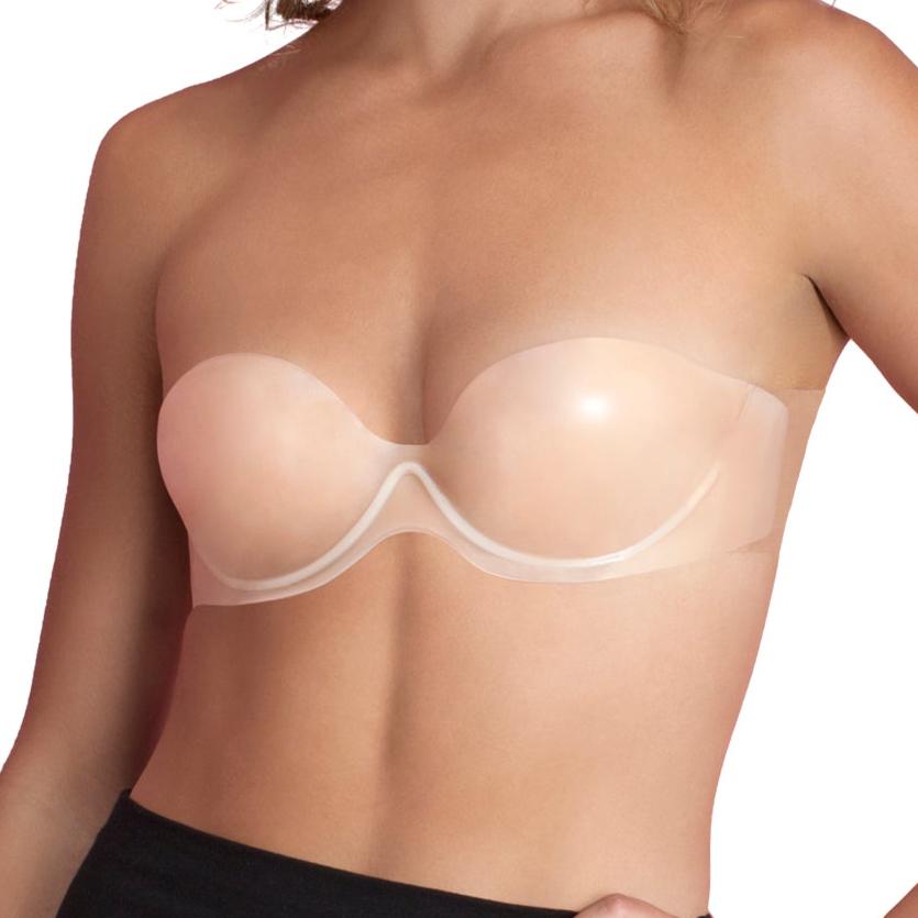 Model wearing the body sculpting backless strapless bra, showing how it shapes and defines. The color is transparent nude.