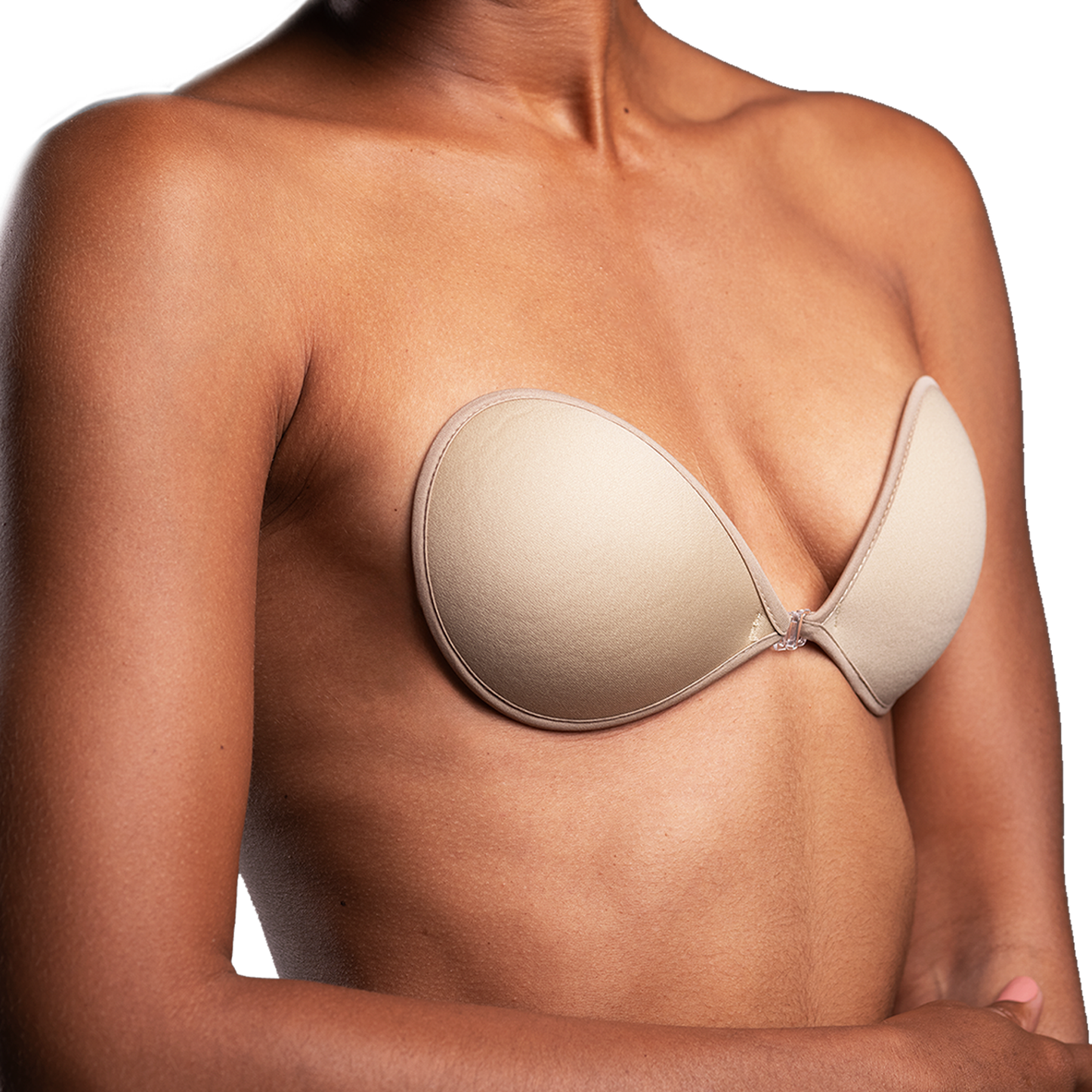 Side view on model of nubra ultralite showing how it forms to the body. Bra is nude in color.