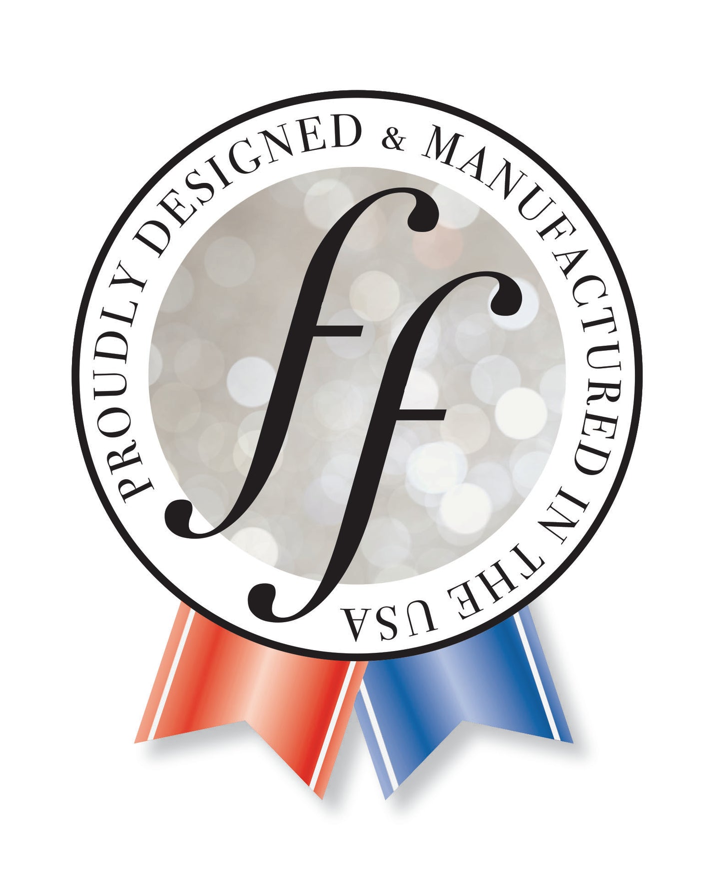 Fashion Forms Made in the USA seal. Lettering is black and there are two ribbons on the bottom. One red, one blue.