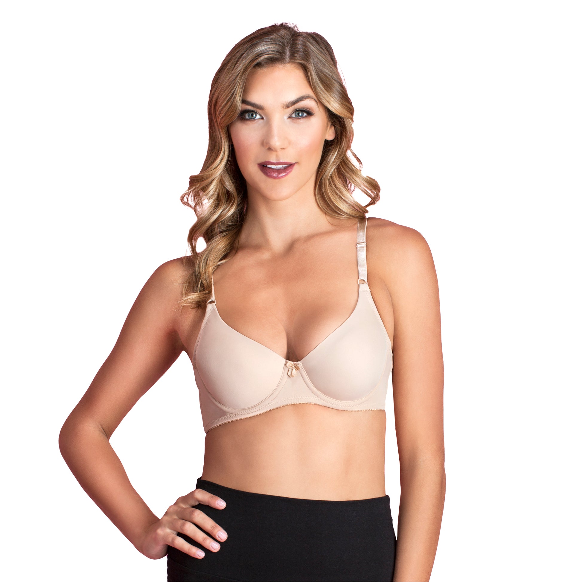 Model is wearing the water bra in nude/beige. It is smooth and provides a gently natural lift and look.