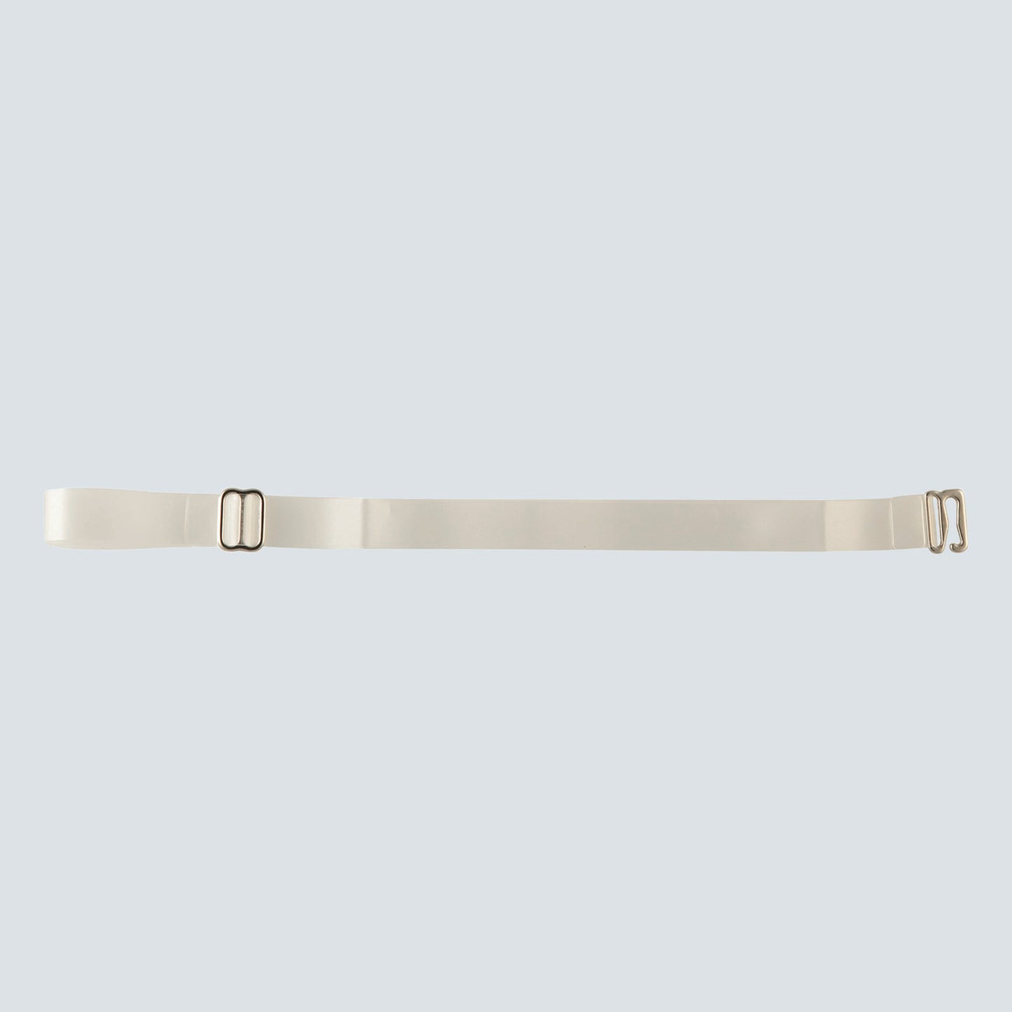 Close up product image of the strap converter. It is adjustable and transparent with metal hardware.