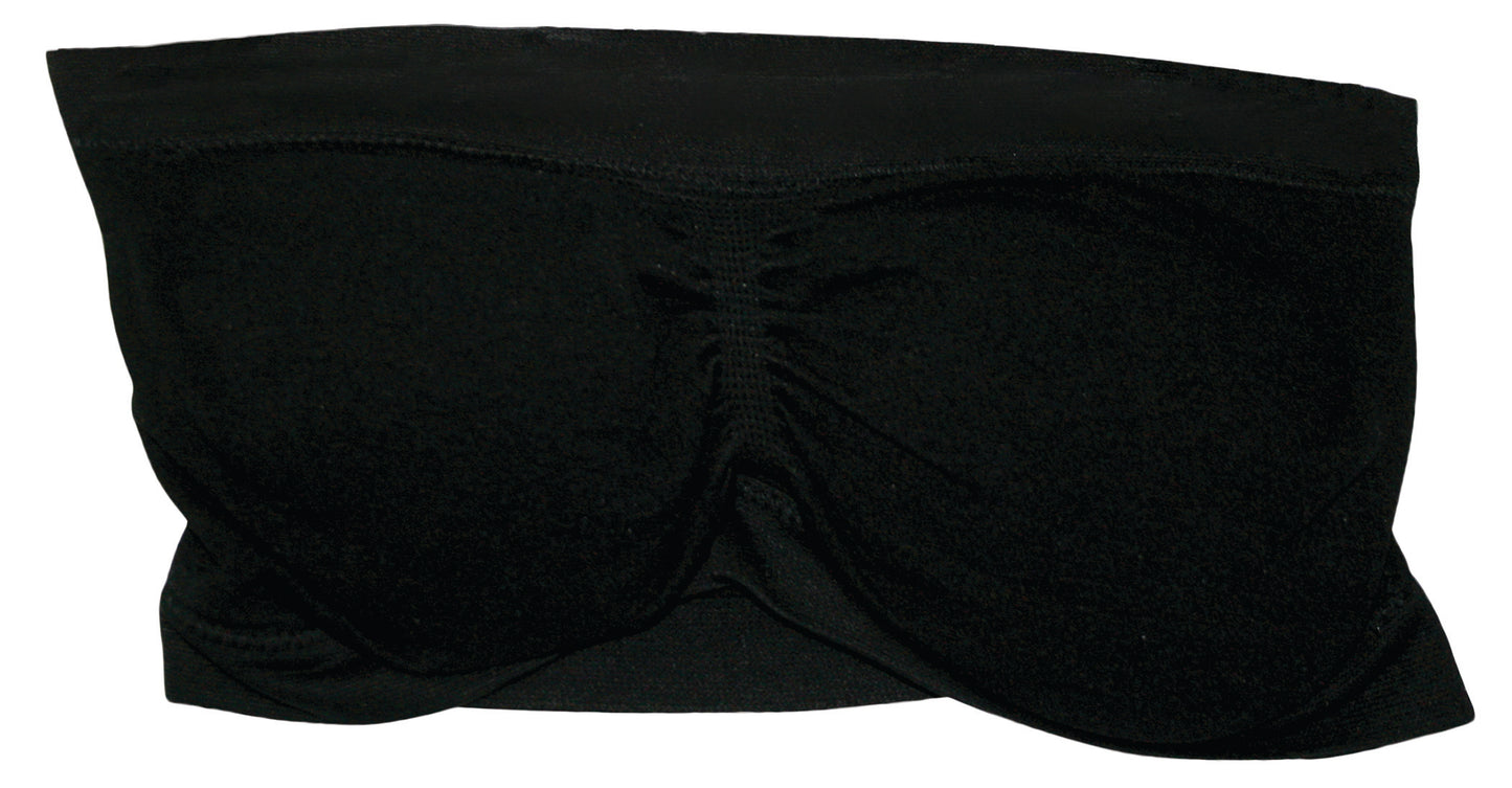 Image of the black bandeau up close. It is soft and has a cinch in the center and cups for coverage. No straps are on the bra