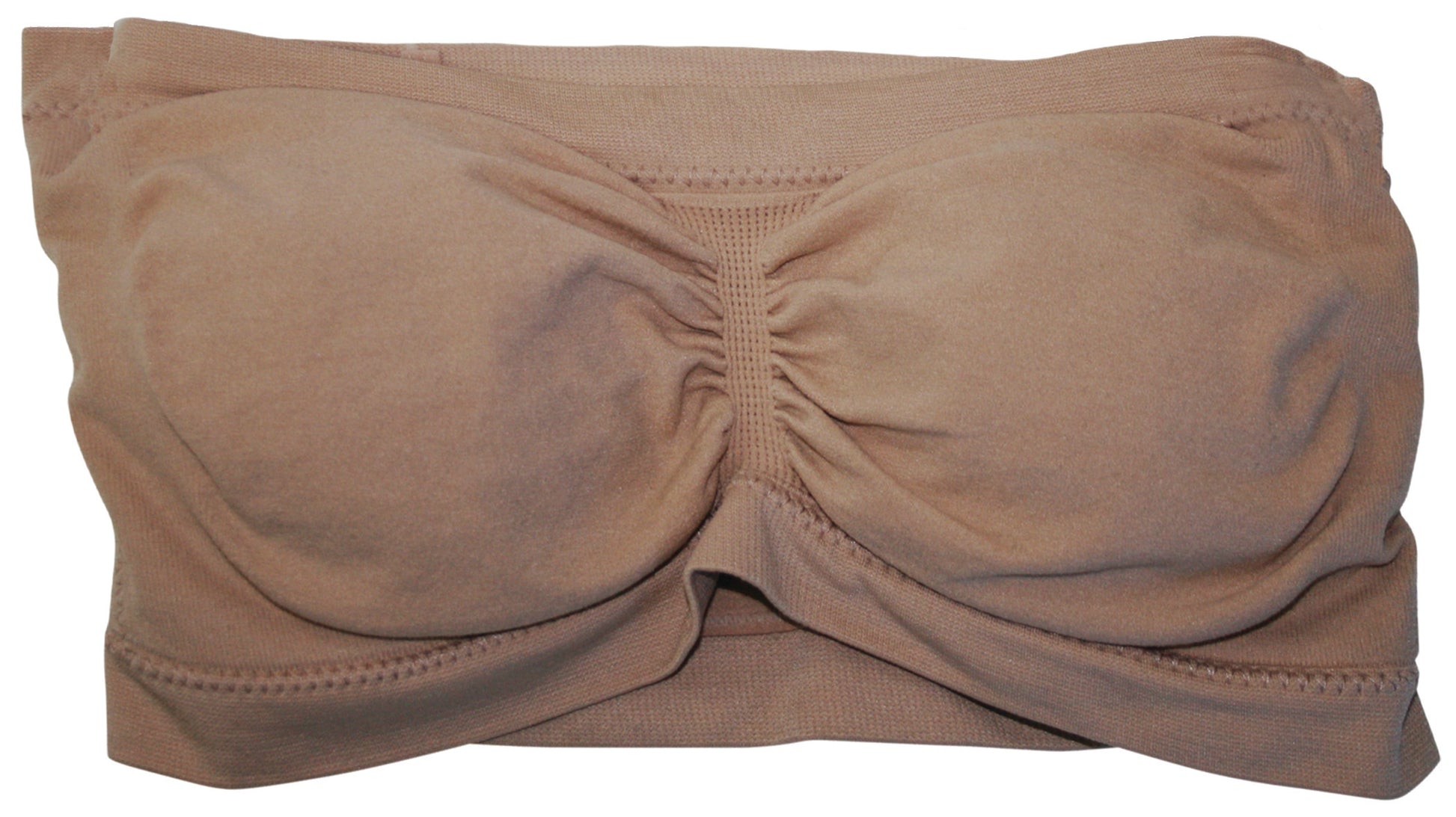 Image of the nude bandeau up close. It is soft and has a cinch in the center and cups for coverage. No straps are on the bra.