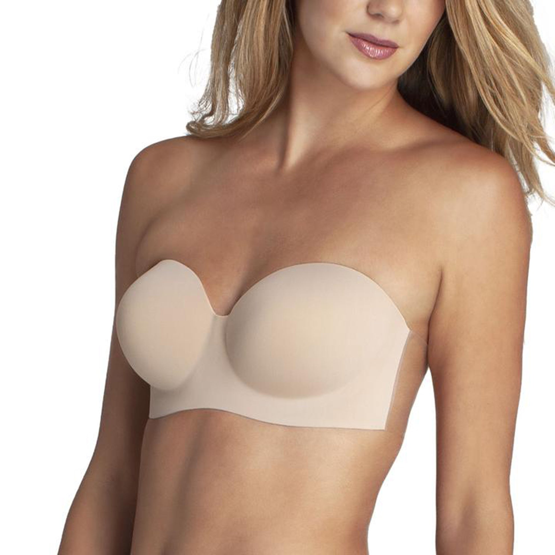 Model is wearing the voluptuous backless strapless bra.
It shows the deep u shape in the center and the cleavage it provides. Bra is nude in color.